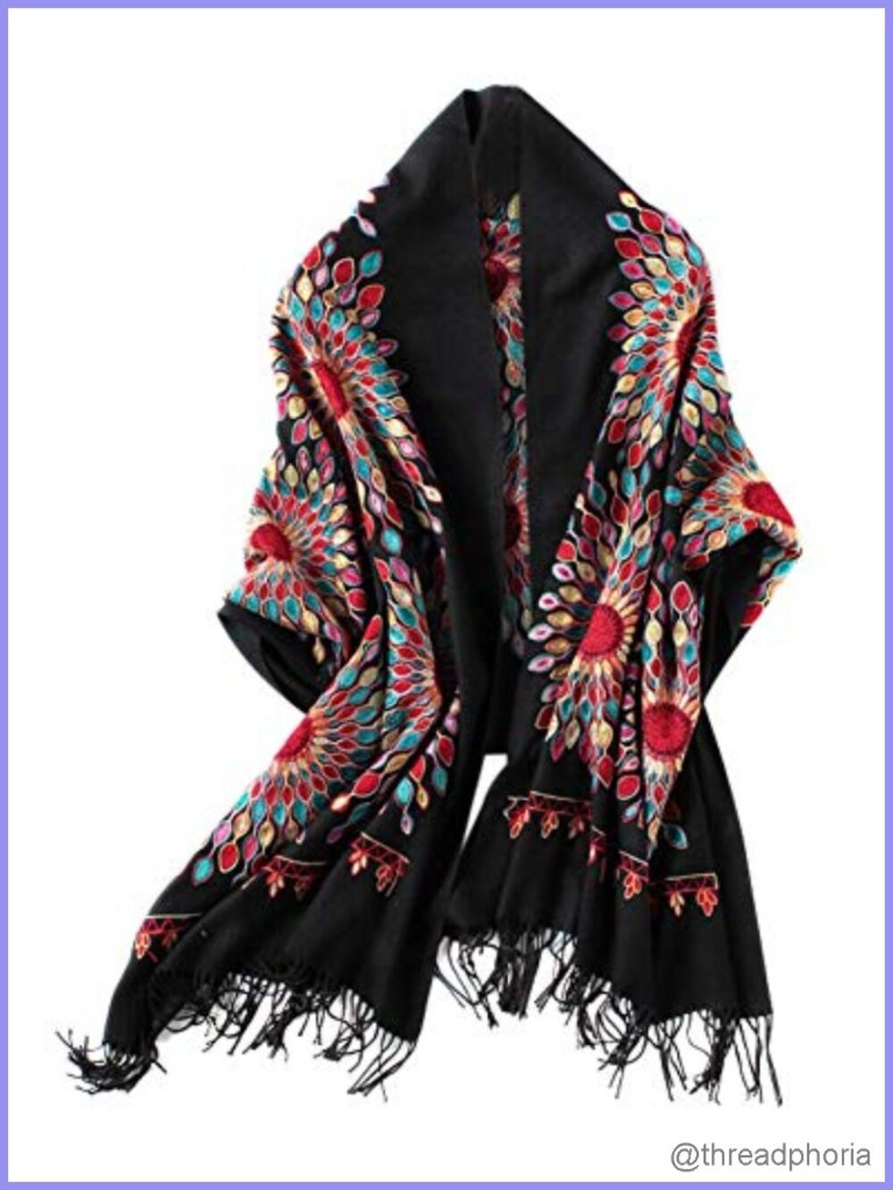 Embroidered Floral Scarf Tassel Shawl Soft Lightweight Wrap